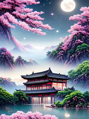 Diamond Painting - Japanse Tempel tussen de Bergen